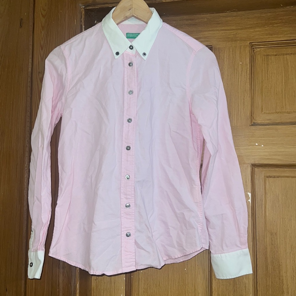 Benneton Light Pink Cotton Oxford Shirt Womens XS Preppy Academia Soft Girl